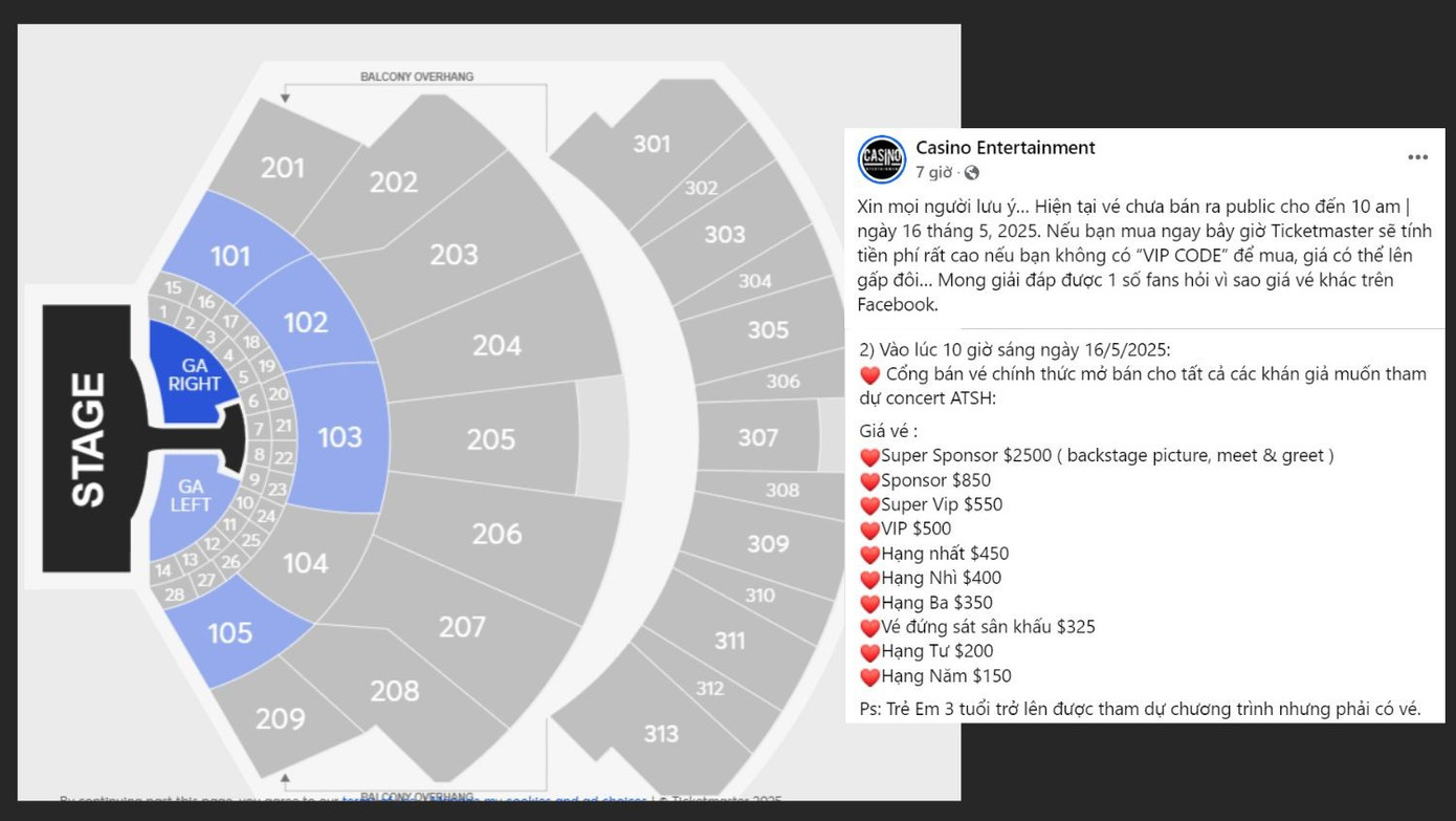 Seat map và giá vé cho 2 đêm concert ATSH tại Las Vegas (Mỹ), BTC thông báo từ 10 giờ sáng 16/5/2025 cổng vé sẽ chính thức mở.