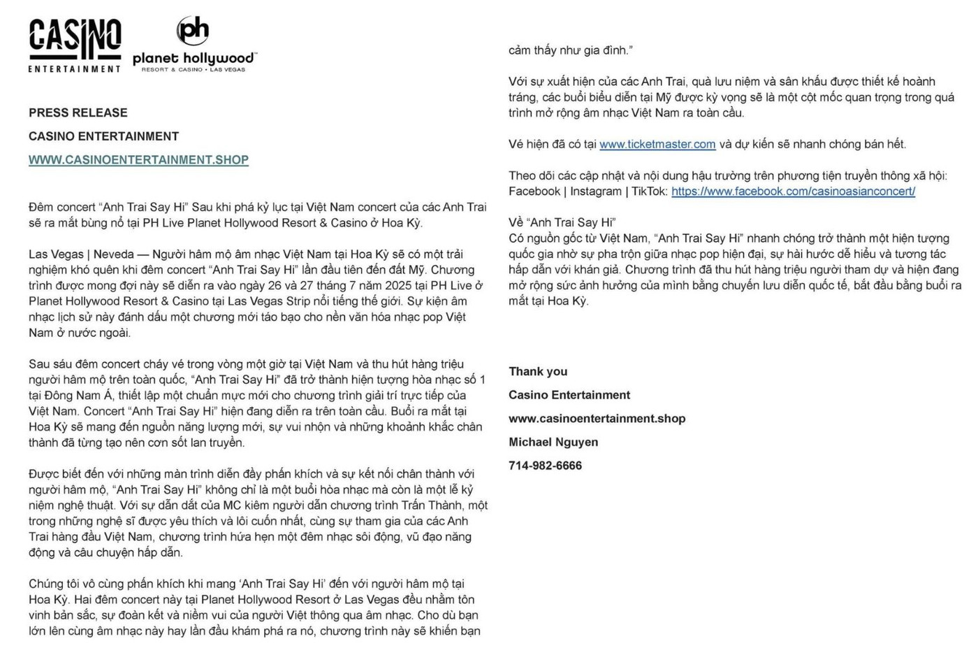 Thông tin chi tiết về concert ATSH tại Mỹ.