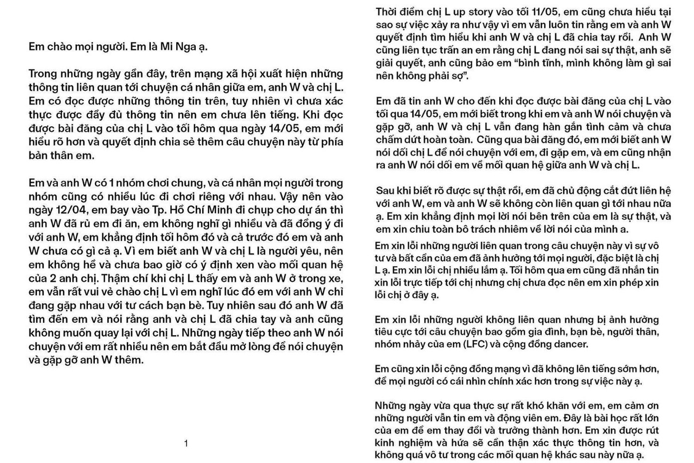 Dancer Mi Nga lên tiếng trước những thông tin liên quan đến cô, anh W và chị L. Dancer Mi Nga lên tiếng trước những thông tin liên quan đến cô, anh W và chị L.