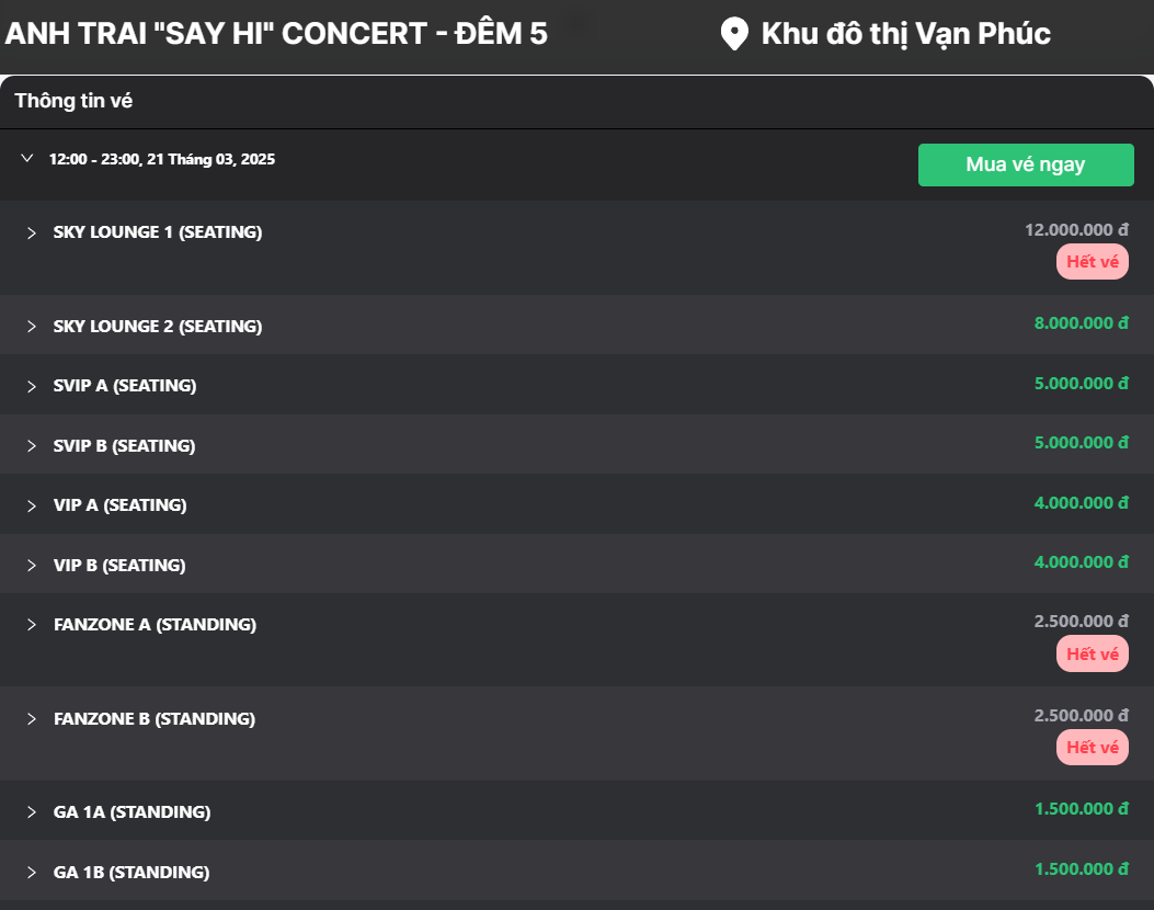Tính đến chiều 11/2, các hạng vé GA, VIP, SVIP, Sky Lounge 2 vẫn còn sáng đèn. Tính đến chiều 11/2, các hạng vé GA, VIP, SVIP, Sky Lounge 2 vẫn còn sáng đèn.
