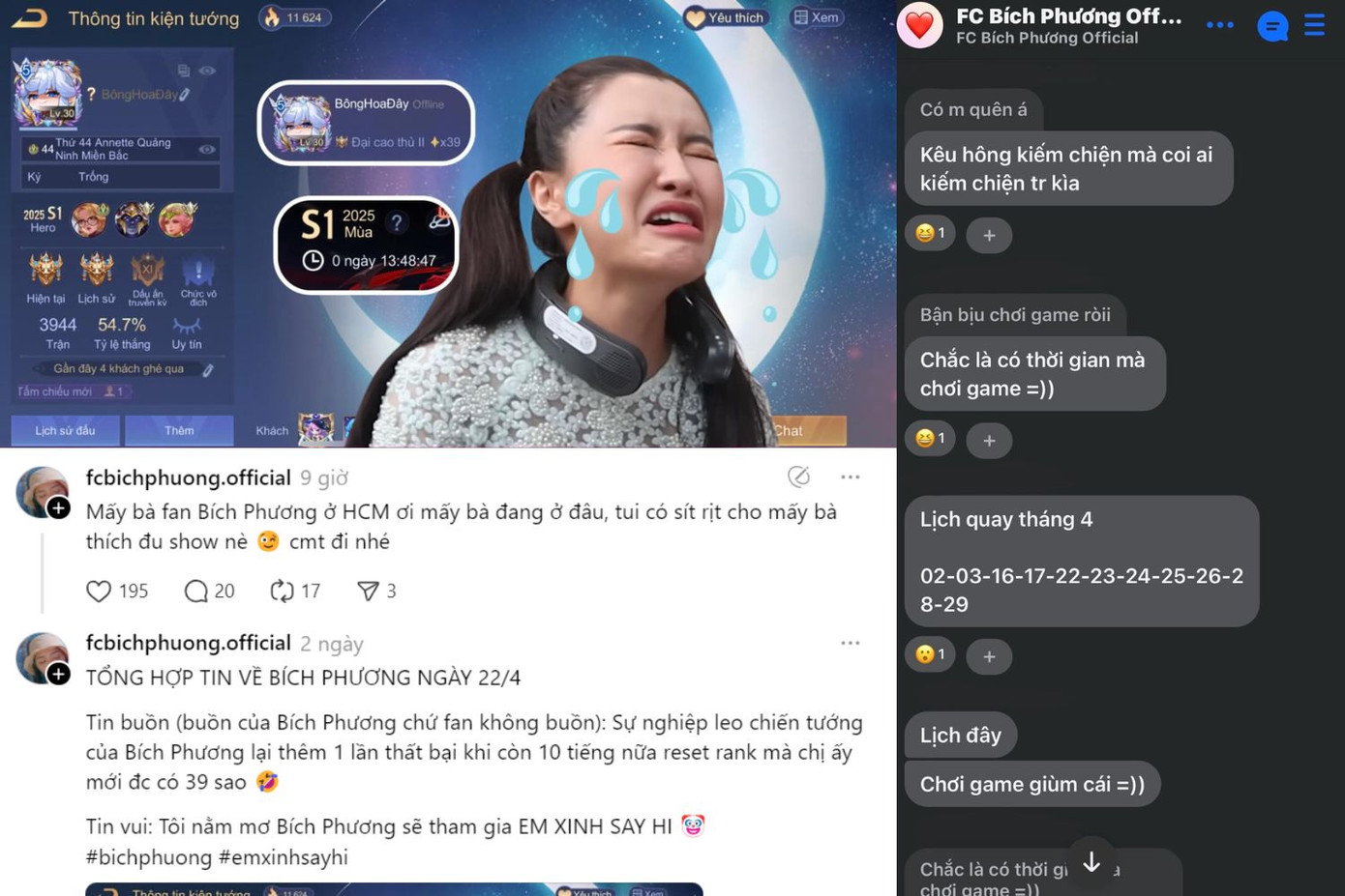 Bích Phương than thở về lịch quay dày đặc - có ngày 26/4. FC hào hứng tường thuật lại giấc mơ idol sẽ tham gia Em Xinh, hứa hẹn sắp có màn khui &quot;sít rịt&quot;.