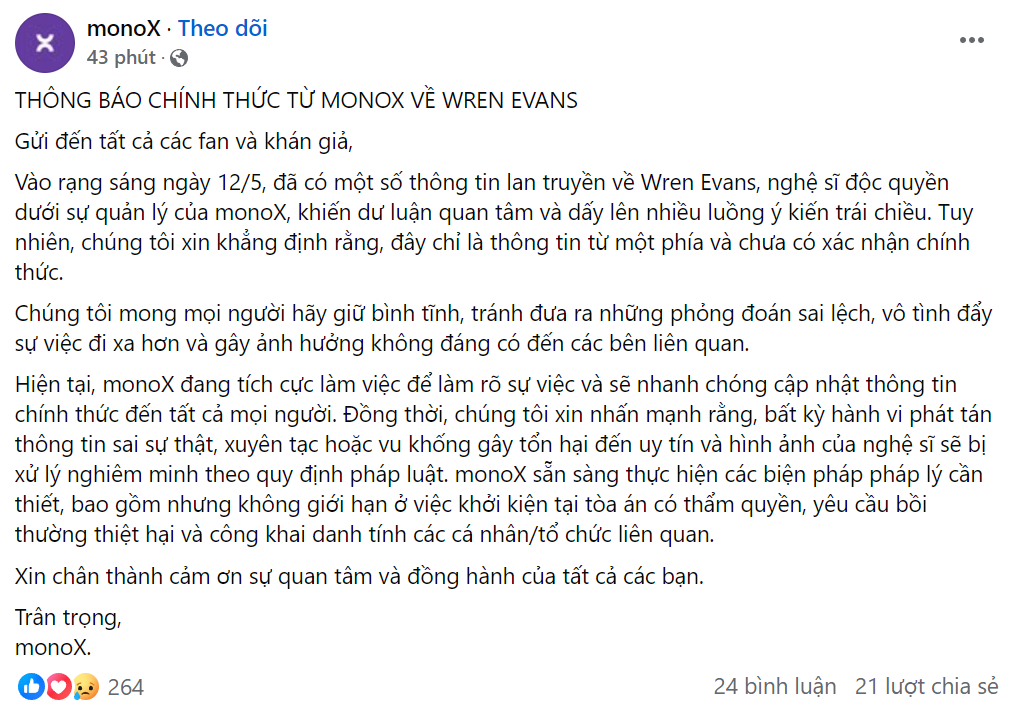 Phía quản lý của Wren Evans lên tiếng về thông tin nam ca sĩ &quot;cắm sừng&quot; bạn gái.