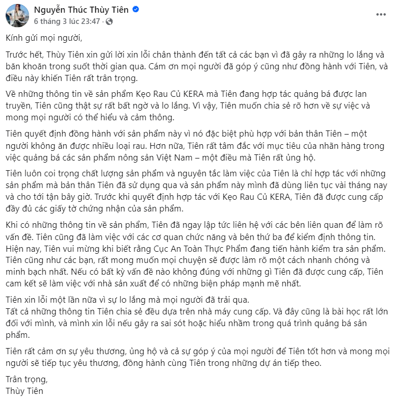 Cùng với những chia sẻ của Thùy Tiên, chiều 14/3, phía CER Group đã có buổi họp báo gửi lời xin lỗi, cho biết sẽ đền bù, hoàn tiền cho những khách hàng đã mua kẹo rau củ. Cùng với những chia sẻ của Thùy Tiên, chiều 14/3, phía CER Group đã có buổi họp báo gửi lời xin lỗi, cho biết sẽ đền bù, hoàn tiền cho những khách hàng đã mua kẹo rau củ.