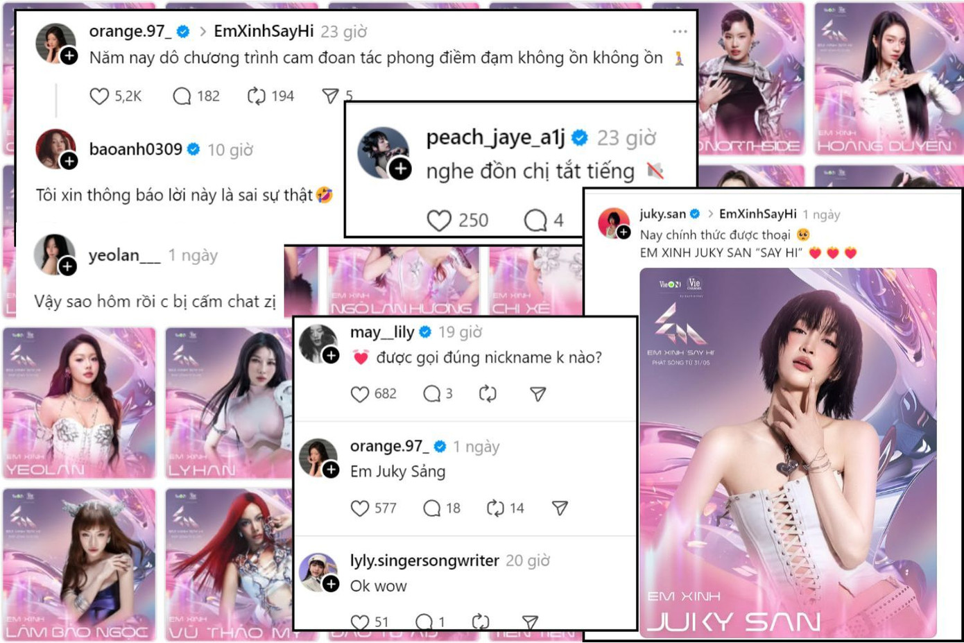 Các "em xinh" Bảo Anh, Phương Ly, Orange, Juky San, Yeolan... "nằm vùng" trên MXH, ngay khi có nghệ sĩ được công bố là tràn vào tương tác nhiệt tình.