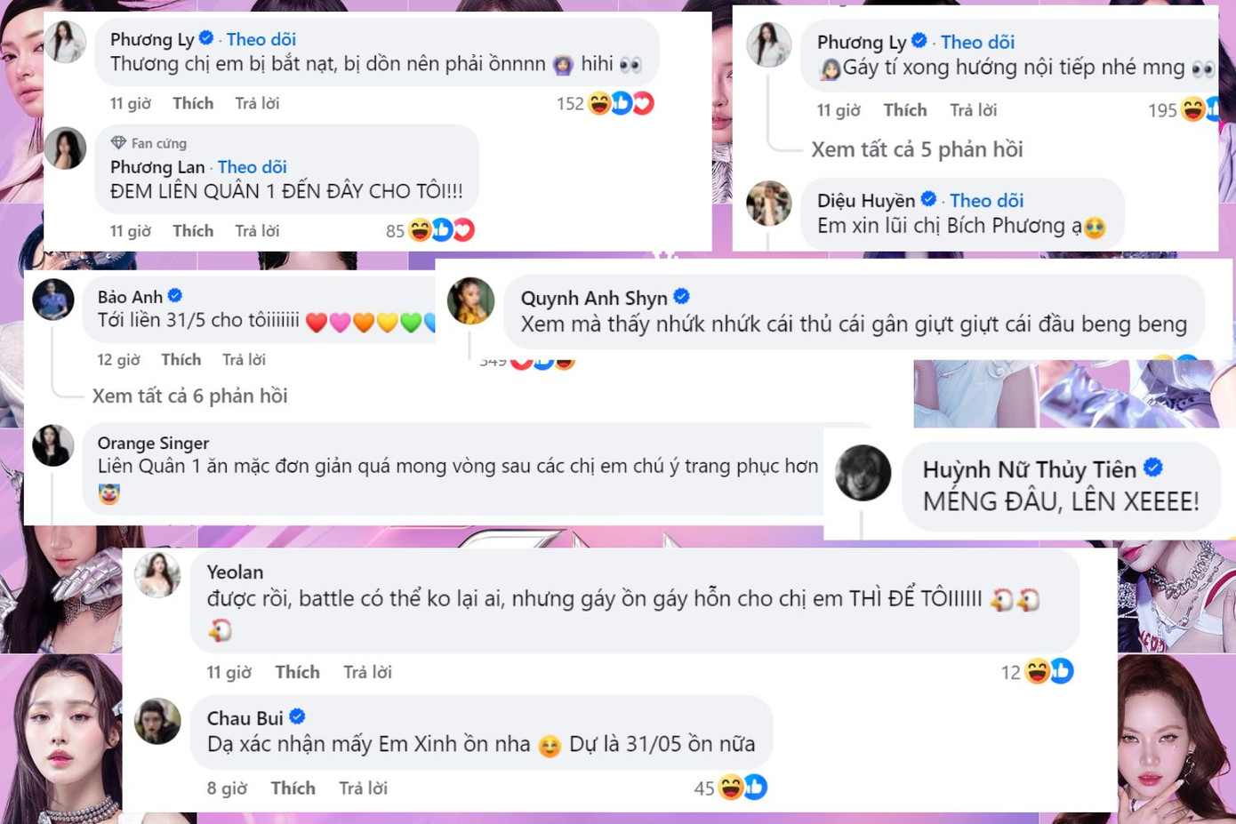 Dàn "em xinh" ồn từ lúc ghi hình ở phim trường đến trên mạng xã hội. Pháo xin lỗi đội trưởng Liên quân 1 Bích Phương sau màn "bắn rap" cực căng: "Nhắc nhở cho đội này "tắt thở", đấu với đội này, mắt nhắm mắt mở/ Đội này nhắc lại lần nữa có chị Tiên Tiên, không phải Bích Phương nên không có một cú lừa". Dàn "em xinh" ồn từ lúc ghi hình ở phim trường đến trên mạng xã hội. Pháo xin lỗi đội trưởng Liên quân 1 Bích Phương sau màn "bắn rap" cực căng: "Nhắc nhở cho đội này "tắt thở", đấu với đội này, mắt nhắm mắt mở/ Đội này nhắc lại lần nữa có chị Tiên Tiên, không phải Bích Phương nên không có một cú lừa".