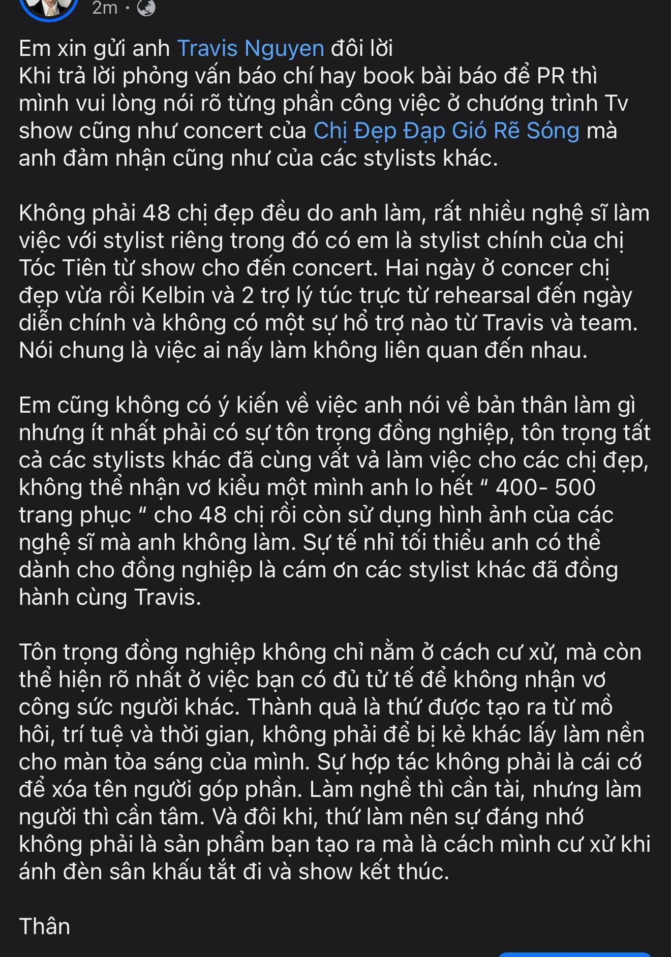 Stylist của "Chị đẹp" Tóc Tiên bức xúc trước một số bài báo viết Giám đốc thời trang concert Chị Đẹp tranh "tiếng thơm", sử dụng hình ảnh Tóc Tiên trong bài dù không hề tham gia việc chuẩn bị phục trang. - Ảnh: Kelbin Lei