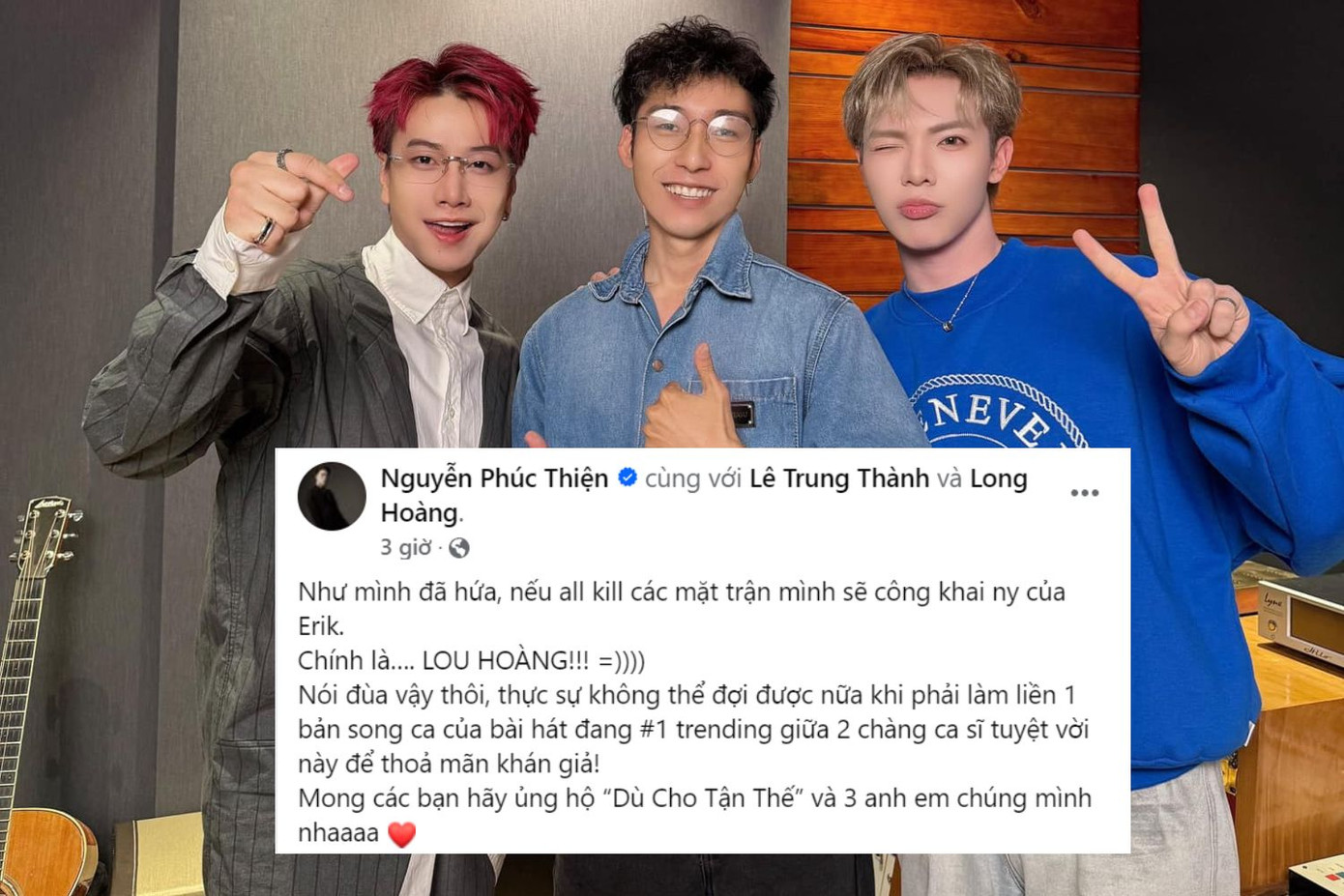 Nhạc sĩ Nguyễn Phúc Thiện, ERIK, Lou Hoàng đều đã lên tiếng khẳng định không có chuyện các nghệ sĩ "cạch mặt", tranh giành hit. Nhạc sĩ Nguyễn Phúc Thiện, ERIK, Lou Hoàng đều đã lên tiếng khẳng định không có chuyện các nghệ sĩ "cạch mặt", tranh giành hit.