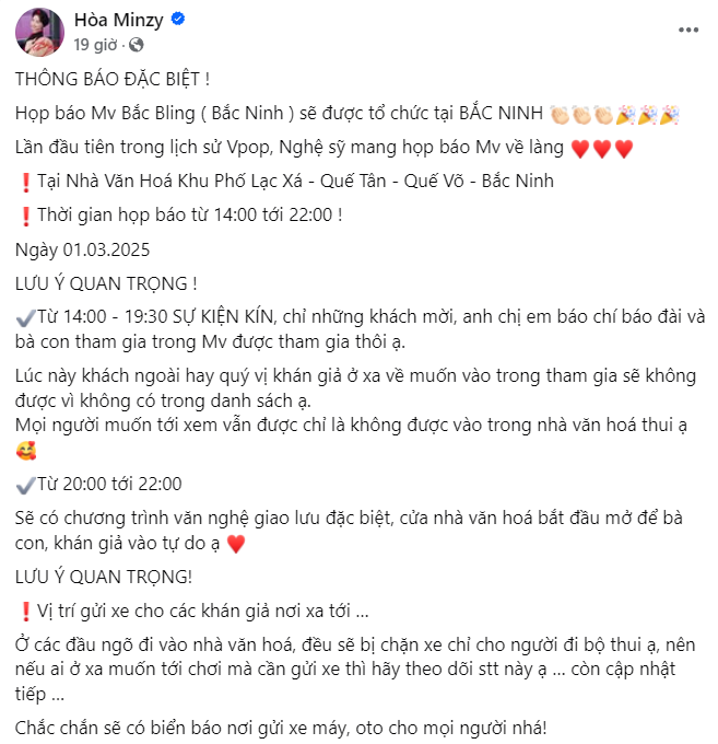 Hòa Minzy thông báo thời gian, địa điểm chào đón bà con vào ngày ra mắt MV. Hòa Minzy thông báo thời gian, địa điểm chào đón bà con vào ngày ra mắt MV.
