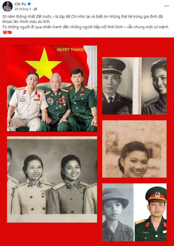 Chi Pu từng tự hào chia sẻ trong gia đình có nhiều thành viên khoác áo lính gồm ông bà, bố, bác.