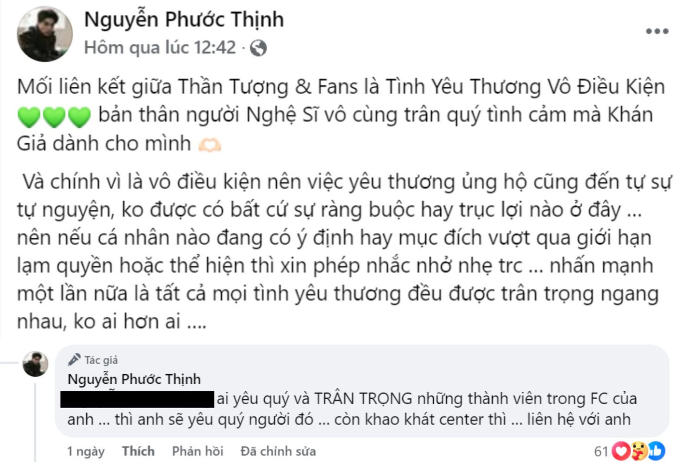 Noo Phước Thịnh không hài lòng với thái độ làm việc của "một ai đó" trong FC đối với cộng đồng người hâm mộ. Noo Phước Thịnh không hài lòng với thái độ làm việc của "một ai đó" trong FC đối với cộng đồng người hâm mộ.