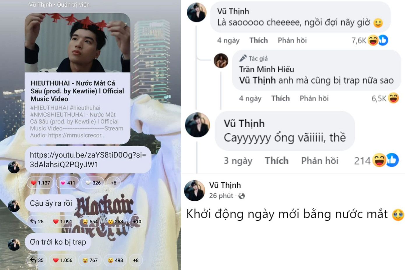 Sau 2 lần bị HIEUTHUHAI cho "leo cây", Vũ Thịnh vỡ òa: "Ơn trời không bị trap". Nam ca sĩ còn thích thú cho biết khởi động một ngày mới bằng Nước Mắt Cá Sấu của "đội trưởng Trần". Sau 2 lần bị HIEUTHUHAI cho "leo cây", Vũ Thịnh vỡ òa: "Ơn trời không bị trap". Nam ca sĩ còn thích thú cho biết khởi động một ngày mới bằng Nước Mắt Cá Sấu của "đội trưởng Trần".