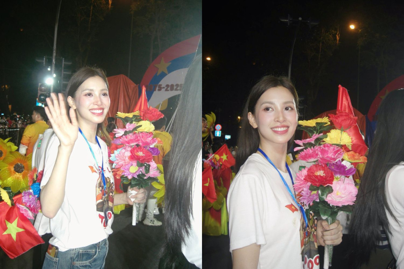 Hoa hậu Việt Nam 2018 Trần Tiểu Vy tươi cười rạng rỡ hòa vào khối văn nghệ sĩ tham gia diễu hành. Người đẹp diện áo thun giản dị, in dòng chữ "Độc lập - Tự do" ý nghĩa.