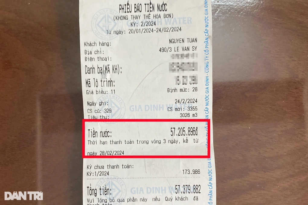Hóa đơn tiền nước hộ ông Huy trong tháng 2 cao bất thường (Ảnh: An Huy). Hóa đơn tiền nước hộ ông Huy trong tháng 2 cao bất thường (Ảnh: An Huy).