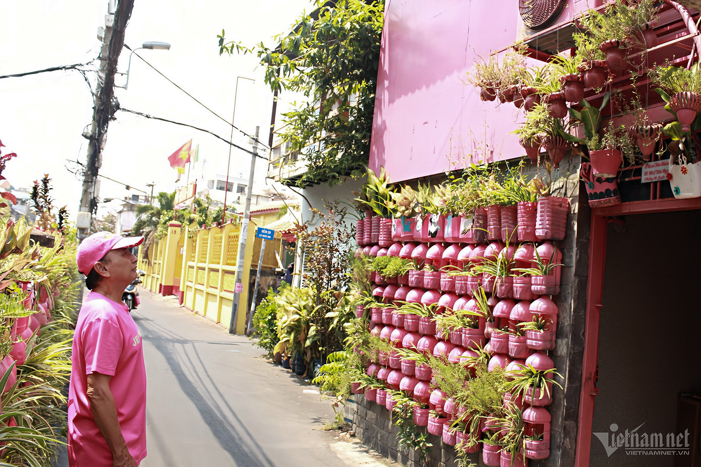 Mỗi khi có thời gian, ông Chánh lại ngắm nghía ngôi nhà được mình "nhuộm hồng" từ năm 2020