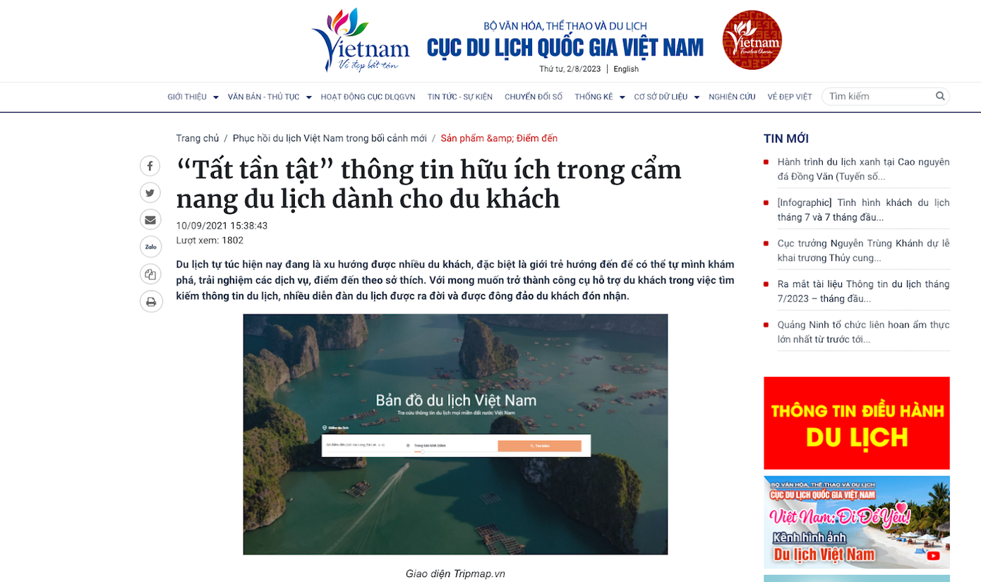 TRIPMAP được nhắc đến trên trang chính thức của Cục Du Lịch Quốc Gia Việt Nam.