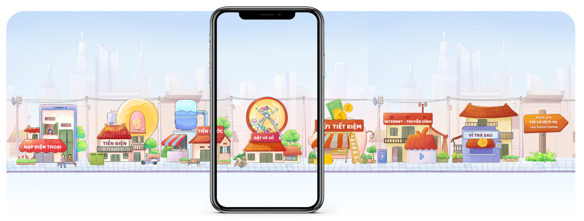 Các tính năng, tiện ích trong “Phố Chợ” của Viettel Money được thiết kế dưới dạng các gian hàng, cửa hàng trên phố Các tính năng, tiện ích trong “Phố Chợ” của Viettel Money được thiết kế dưới dạng các gian hàng, cửa hàng trên phố