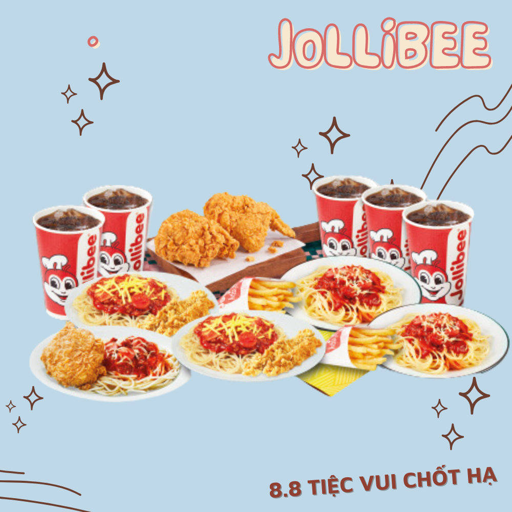 Nhắc đến Jollibee thì không thể bỏ qua những combo thịnh soạn nào là gà rán, mì Ý, khoai tây chiên và danh sách các món giải khát đa dạng. Nhân dịp 8.8 Tiệc Vui “Chốt Hạ” trên ShopeeFood, đừng bỏ qua cơ hội săn các combo 499.000 đồng, 599.000 đồng và 699.000 đồng đi kèm nhiều quà tặng đáng yêu.
