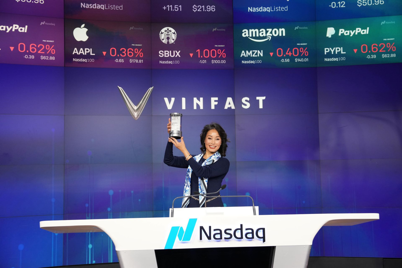 Bà Lê Thị Thu Thủy, CEO của VinFast, trong Lễ rung chuông ra mắt sàn Nasdaq tại Mỹ ngày 15/8/2023 Bà Lê Thị Thu Thủy, CEO của VinFast, trong Lễ rung chuông ra mắt sàn Nasdaq tại Mỹ ngày 15/8/2023