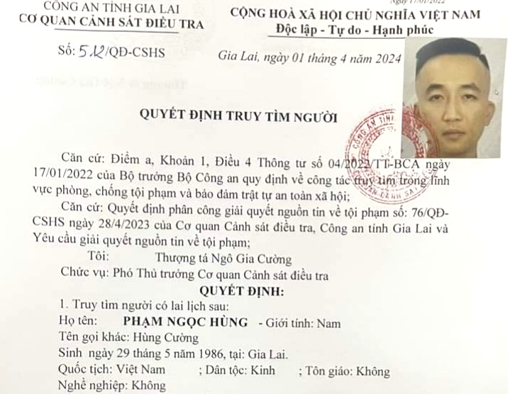 Cơ quan công an ra quyết định truy tìm Hùng vào ngày 1/4