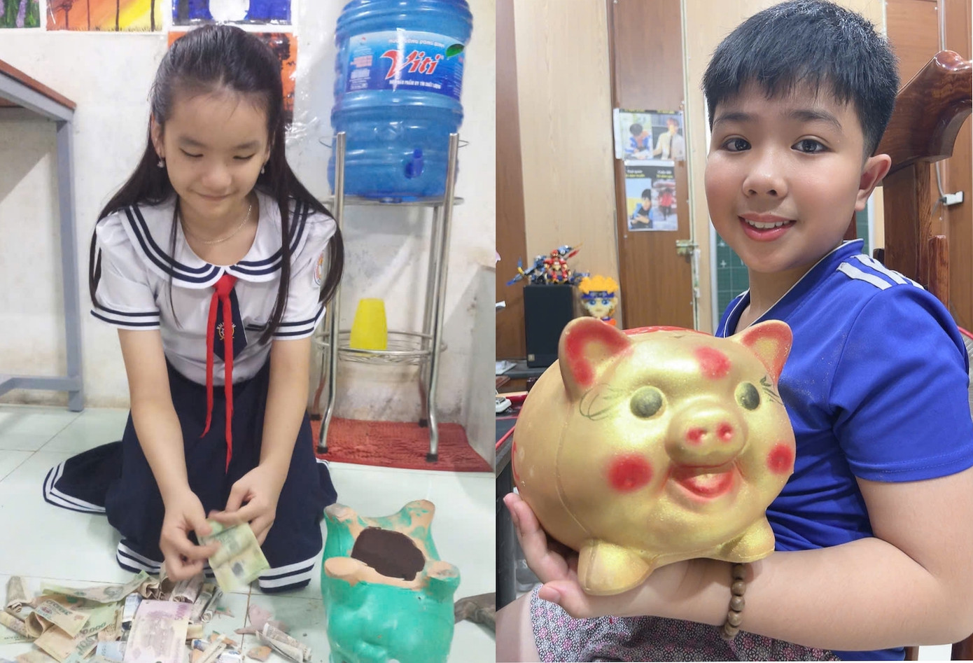 Em Trần Diệp Nhi và Nguyễn Khải Hoà quyết định đập heo đất để gửi tiền ủng hộ khắc phục hậu quả siêu bão YAGI