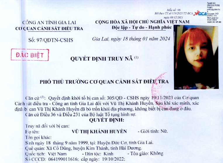 Quyết định truy nã Vũ Thị Khánh Huyền
