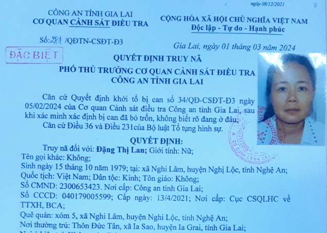 Quyết định truy nã của Cơ quan Cảnh sát Điều tra, Công an tỉnh Gia Lai Quyết định truy nã của Cơ quan Cảnh sát Điều tra, Công an tỉnh Gia Lai