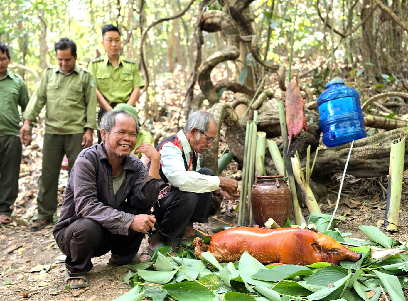 Gần giữa trưa, nghi thức cúng “Thần rừng” bắt đầu. Người thực hiện cúng là già làng Siu Dơih trong trang phục thổ cẩm truyền thống chỉnh tề. “Ôi Yang, rừng núi đã chở che cho dân làng, để làng ăn no, bình yên. Bà con mong Yang tiếp tục bảo vệ cho làng, giúp mưa thuận gió hòa, cây lúa được tốt tươi, thu hoạch đầy kho, dân ăn no, bình an, hạnh phúc”, già làng Siu Dơih khấn.