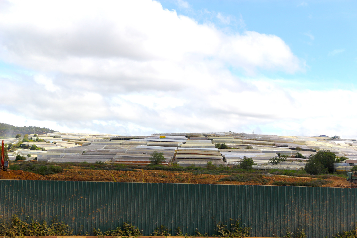 Nhà kính bên cạnh hồ Than Thở (TP. Đà Lạt) bị bụi bám đỏ do các xe tải cỡ lớn "oanh tạc" thời gian dài.