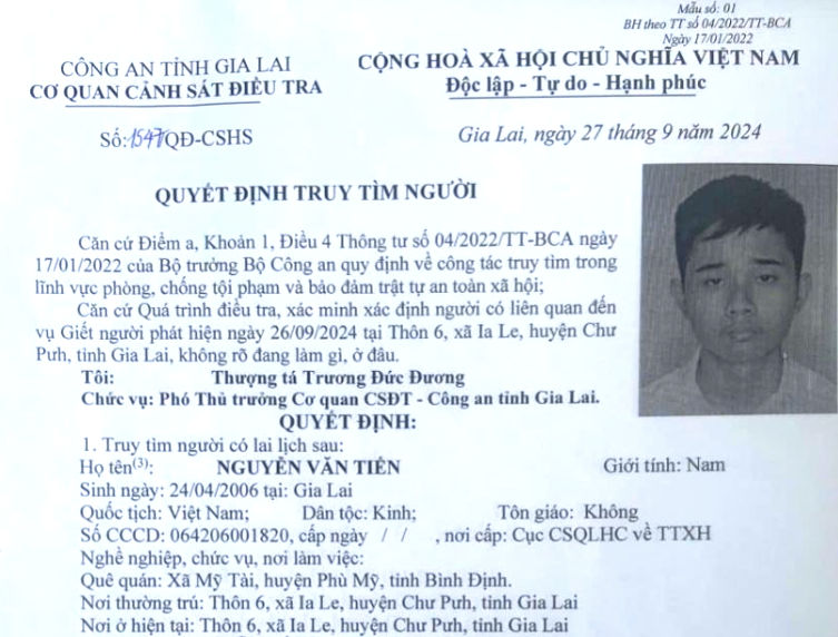 Quyết định truy tìm người của Cơ quan Cảnh sát Điều tra đối với Nguyễn Văn Tiến