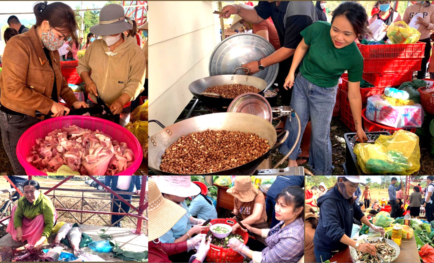 Mọi người quây quần nấu ăn sau nhà cộng đồng buôn Kđoh.