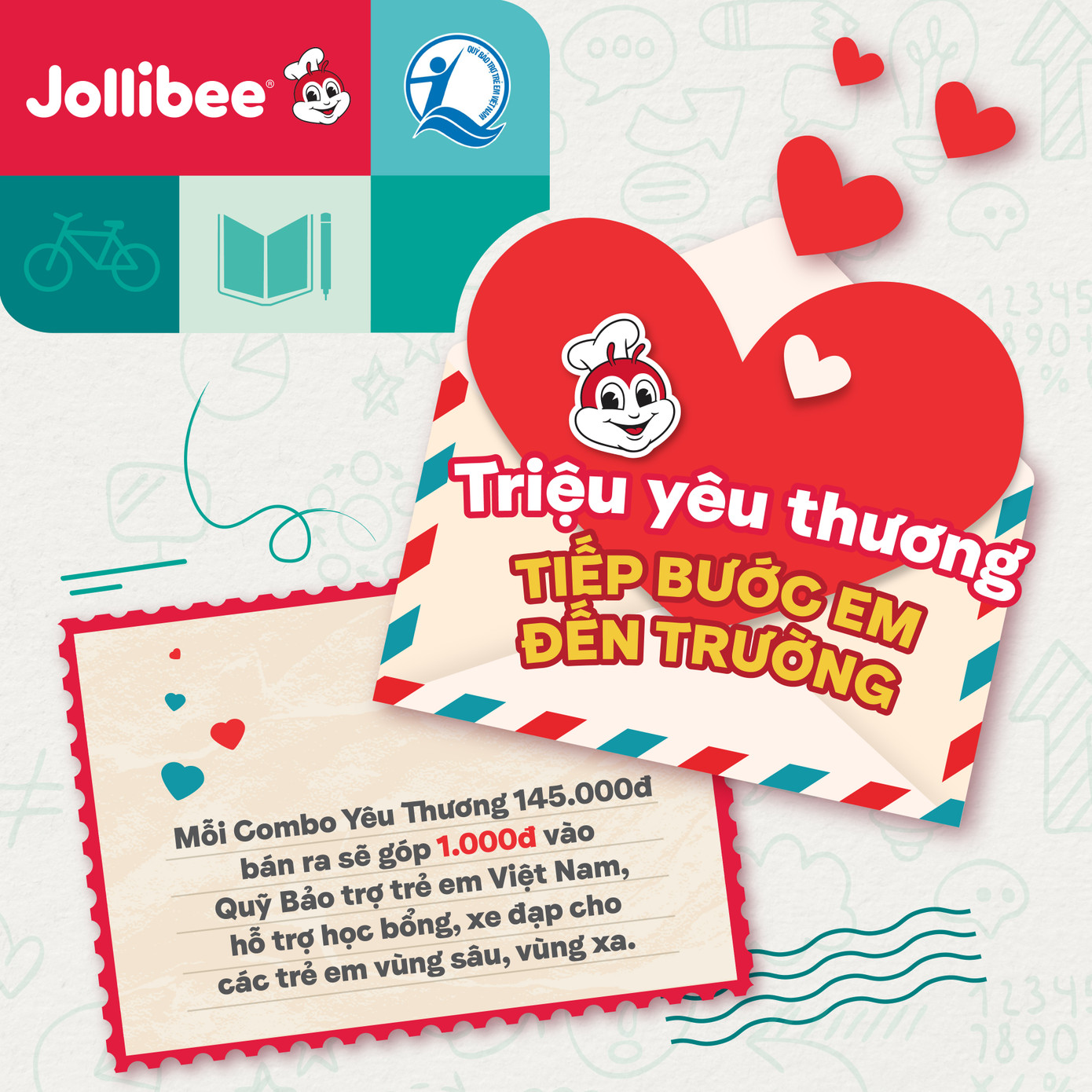 Dự án "Triệu Yêu Thương, Tiếp Bước Em Đến Trường" được đăng tải trên Fanpage Jollibee Việt Nam Dự án "Triệu Yêu Thương, Tiếp Bước Em Đến Trường" được đăng tải trên Fanpage Jollibee Việt Nam
