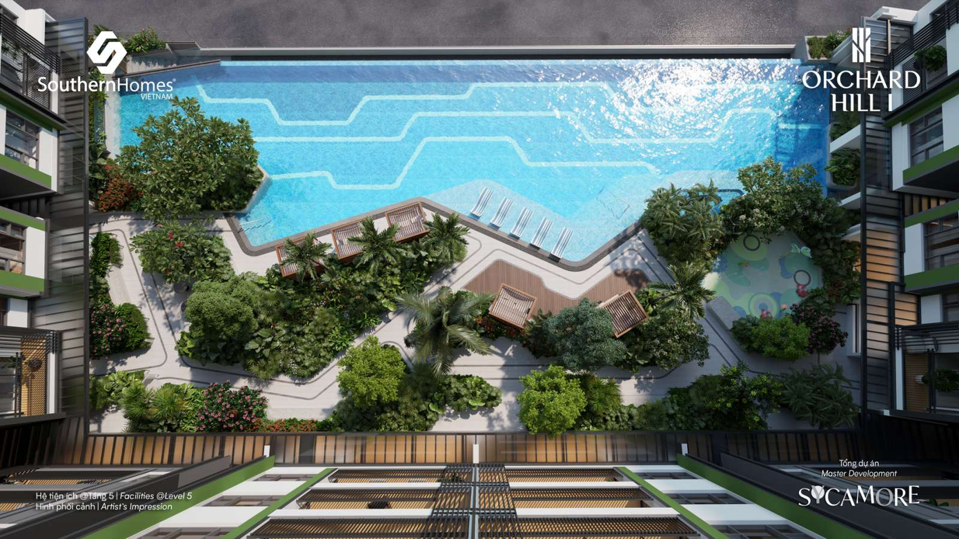 Phối cảnh hệ thống tiện ích tại tầng 5 của Orchard Hill