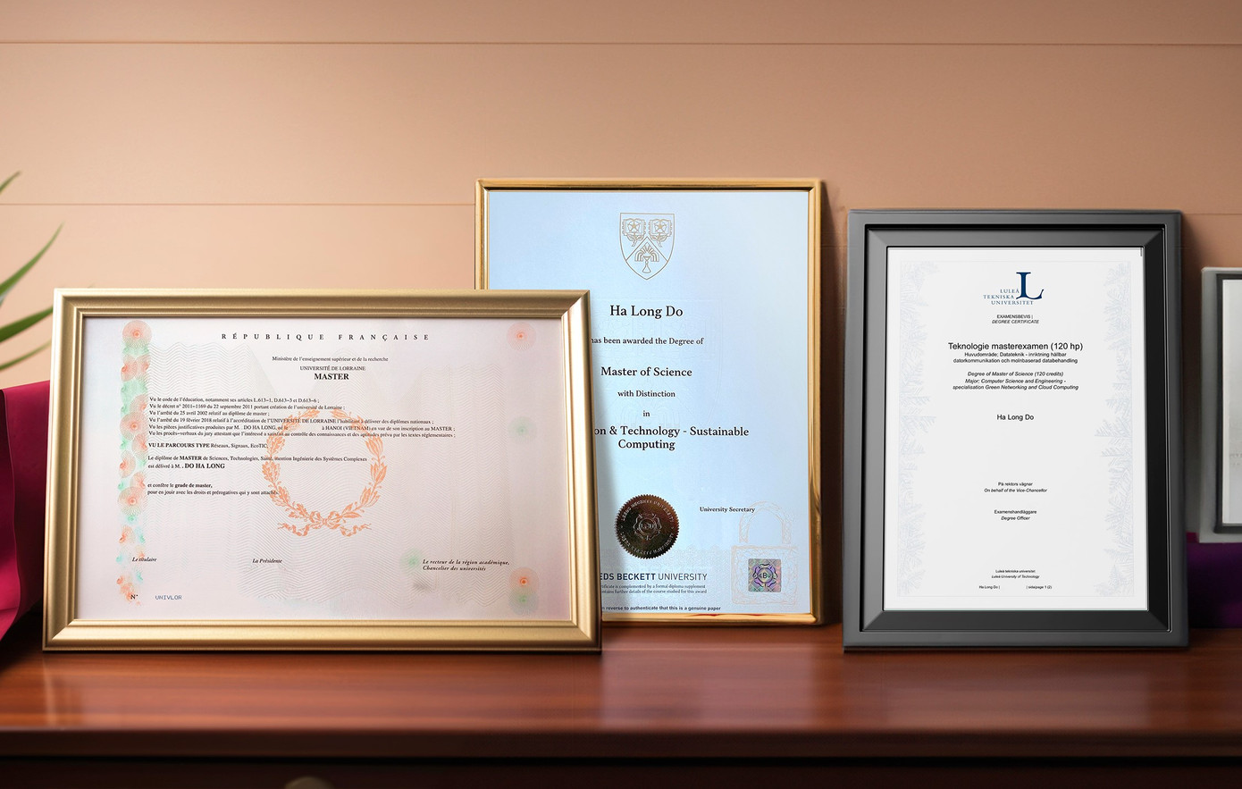 Ba bằng thạc sĩ tại Anh, Pháp và Thụy Điển của anh Đỗ Hà Long Ba bằng thạc sĩ tại Anh, Pháp và Thụy Điển của anh Đỗ Hà Long
