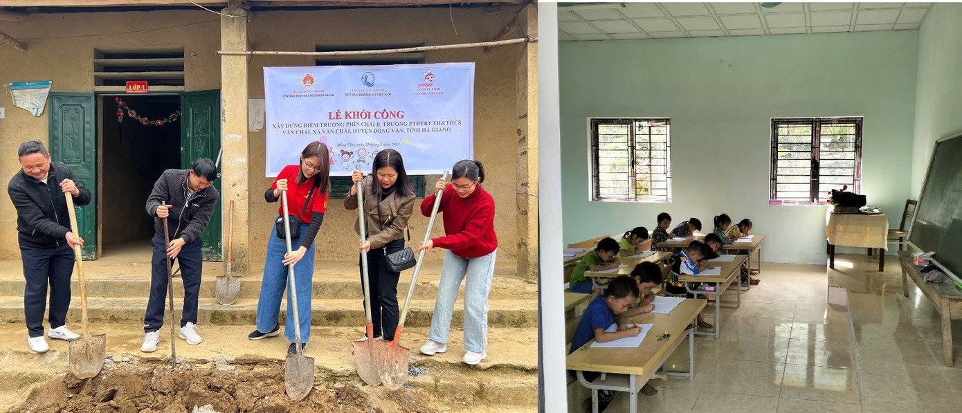 Jollibee Việt Nam cùng Quỹ Bảo trợ trẻ em Việt Nam khởi công xây dựng và trường đã có diện mạo mới. Jollibee Việt Nam cùng Quỹ Bảo trợ trẻ em Việt Nam khởi công xây dựng và trường đã có diện mạo mới.