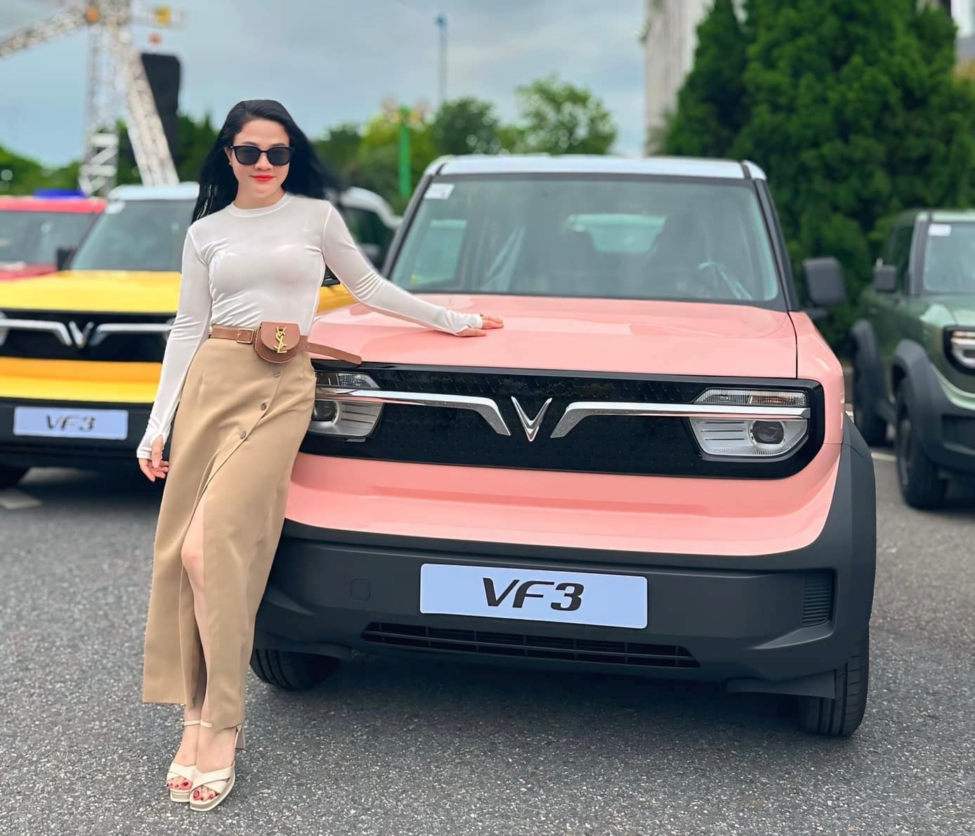 Chi Vũ Thị Mỹ Châu lựa chọn VF 3 màu hồntg phấn nóc trắng để thoải mái bộc lộ cá tính. Chi Vũ Thị Mỹ Châu lựa chọn VF 3 màu hồntg phấn nóc trắng để thoải mái bộc lộ cá tính.