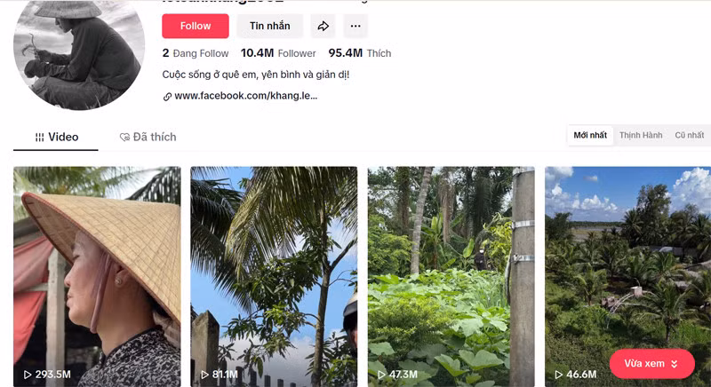 Kênh TikTok của Tuấn Khang chạm mốc hơn 10 triệu lượt theo dõi. Ảnh chụp màn hình