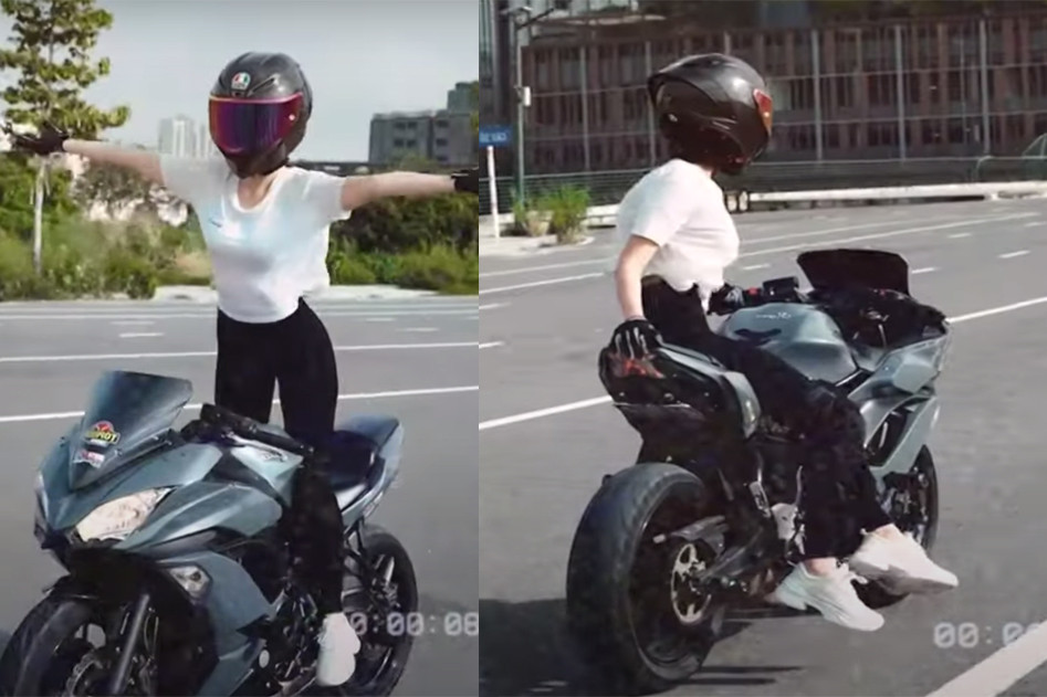 Hình ảnh biểu diễn xe mô tô vi phạm luật giao thông của người mẫu Ngọc Trinh. Ảnh cắt từ clip.