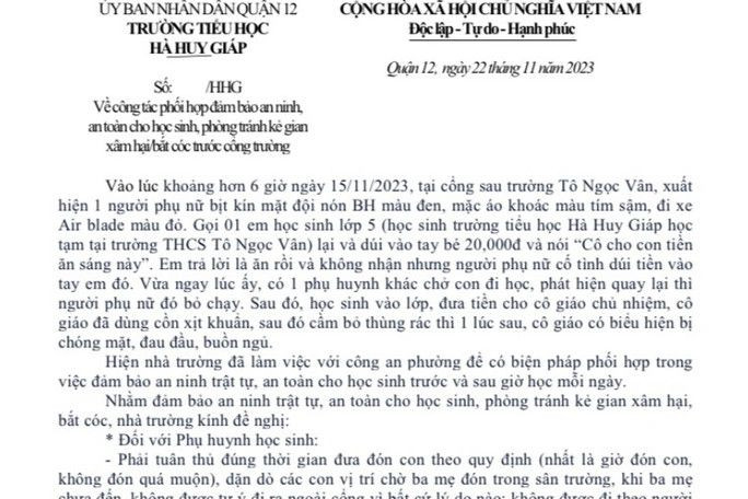 Thông tin cảnh báo học sinh bị xâm hại, bắt cóc lan truyền trên mạng xã hội. Ảnh chụp màn hình.