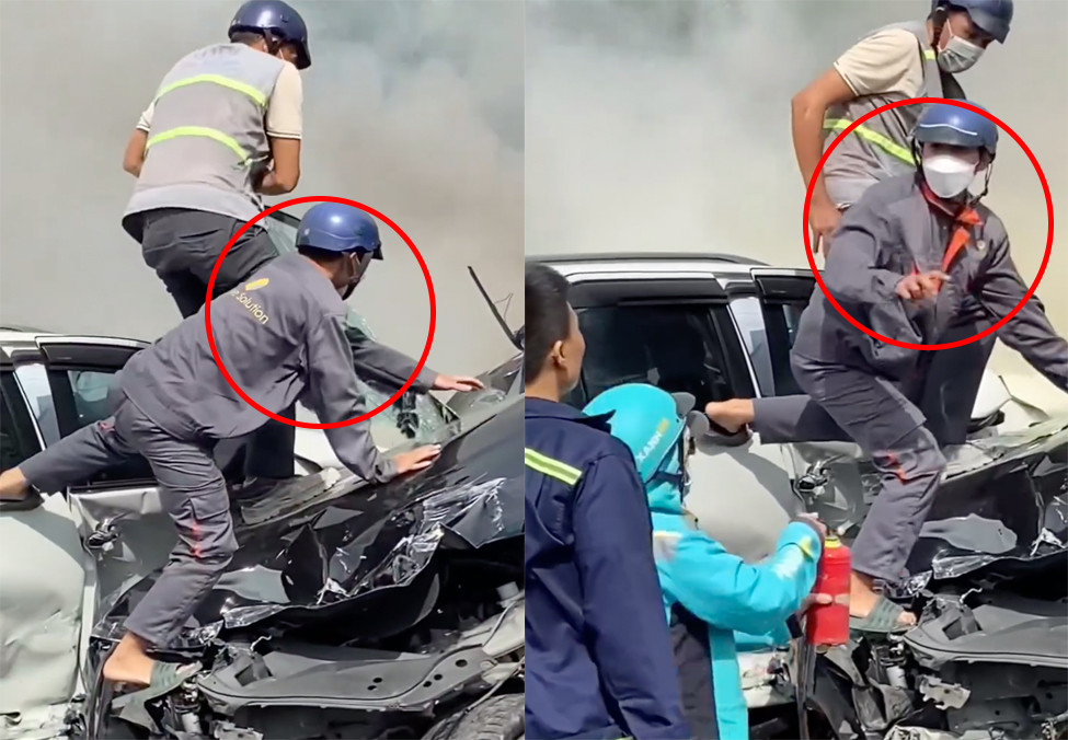 Anh Tùng (khoanh tròn đỏ) cùng nhiều người tham gia giải cứu tài xế bị mắc kẹt trong ô tô. Ảnh cắt từ clip. Anh Tùng (khoanh tròn đỏ) cùng nhiều người tham gia giải cứu tài xế bị mắc kẹt trong ô tô. Ảnh cắt từ clip.