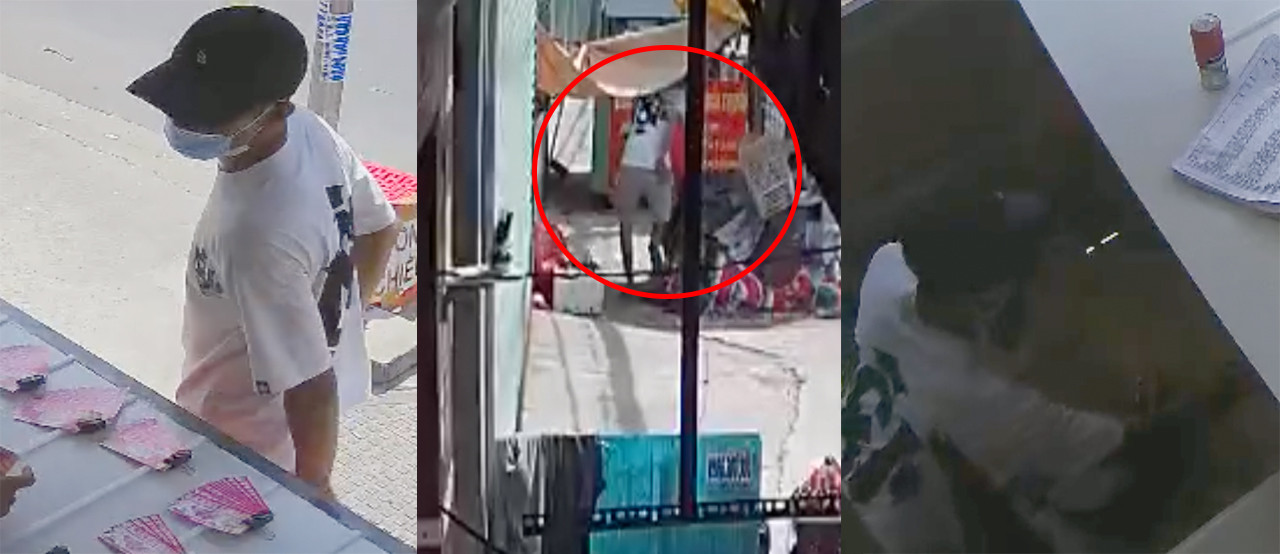 Nam thanh niên mua vé số rồi lẻn vào quầy trộm cắp. Ảnh cắt từ clip. Nam thanh niên mua vé số rồi lẻn vào quầy trộm cắp. Ảnh cắt từ clip.