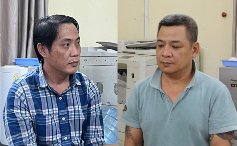 Duy (bên trái) và Trung tại cơ quan công an. Ảnh: M.A.