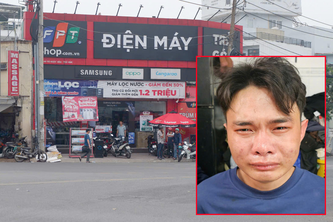 Trương Hùng Đức và cửa hàng FPT xảy ra vụ cướp. Ảnh: C.A. Trương Hùng Đức và cửa hàng FPT xảy ra vụ cướp. Ảnh: C.A.