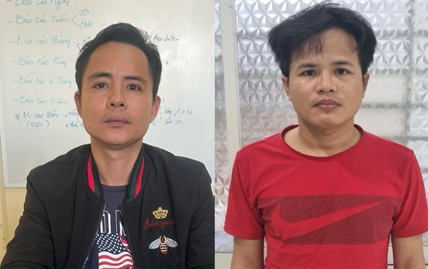 Đối tượng Oai (bên trái) và Như tại cơ quan công an. Ảnh: Công an cung cấp.