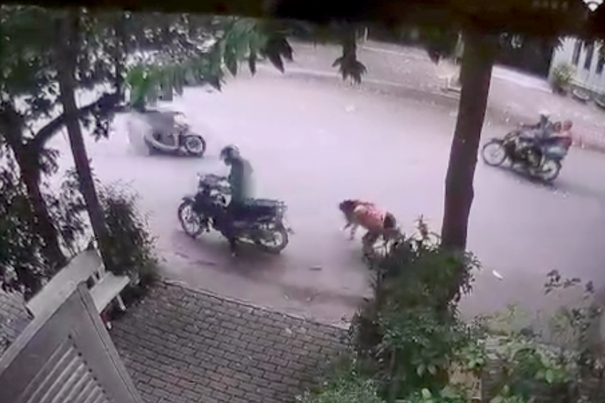 Phương giật dây chuyền khiến bà L. bị ngã xuống đường (Ảnh cắt từ clip).