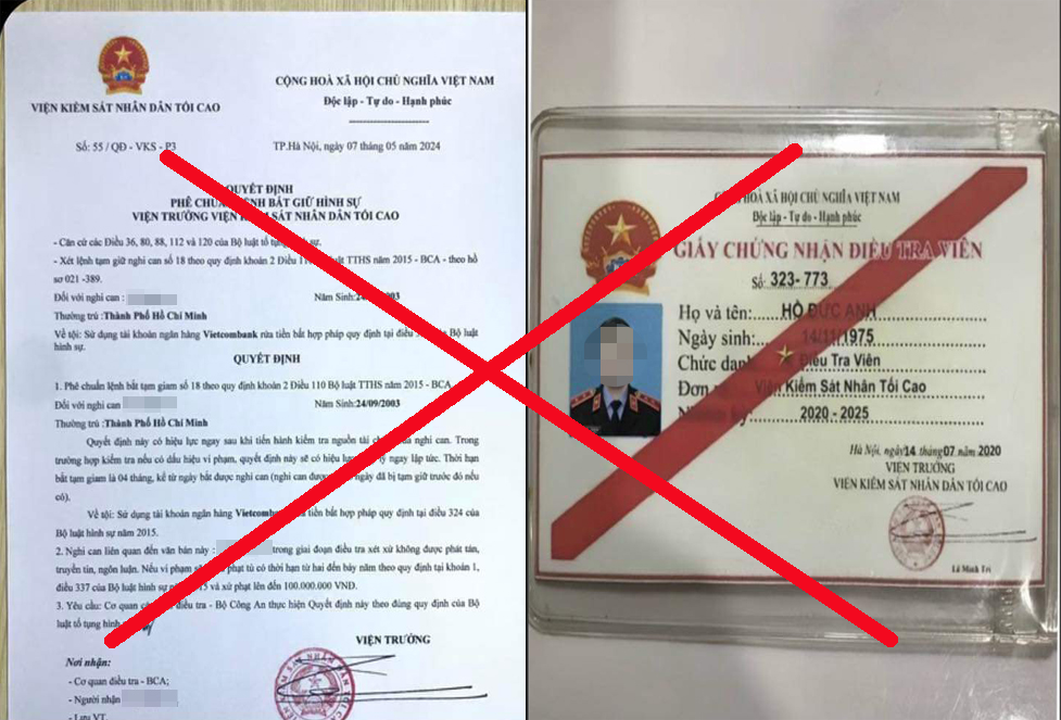 Các đối tượng sử dụng quyết định và giấy chứng nhận điều tra viên giả mạo để uy hiếp nữ sinh viên. Ảnh: H.T.