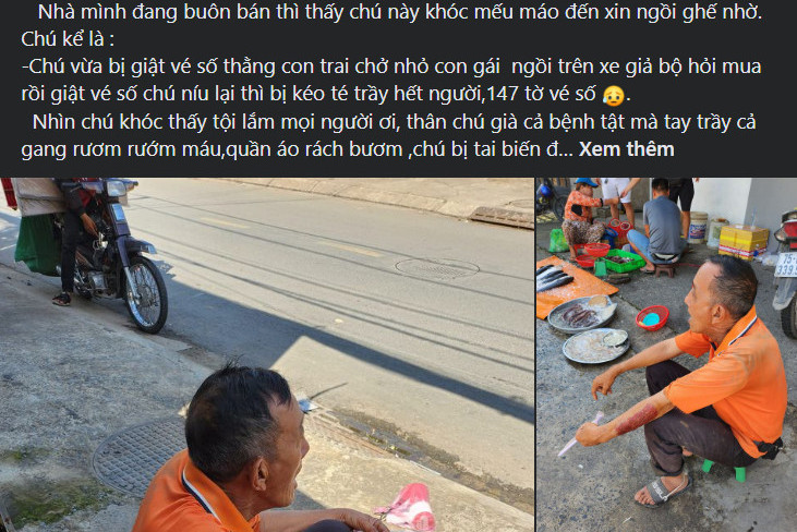 Thông tin người đàn ông bị cướp vé số ở huyện Hóc Môn được lan truyền trên mạng xã hội. Ảnh chụp màn hình. Thông tin người đàn ông bị cướp vé số ở huyện Hóc Môn được lan truyền trên mạng xã hội. Ảnh chụp màn hình.