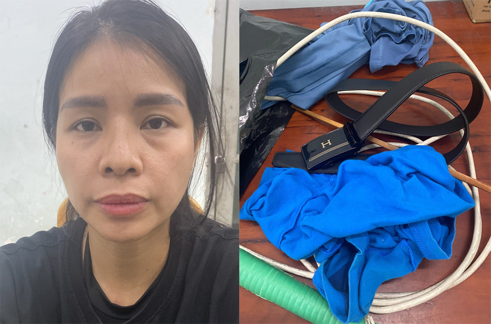 Bà Trang cùng với các dụng cụ dùng đánh cháu T. Ảnh: H.T.