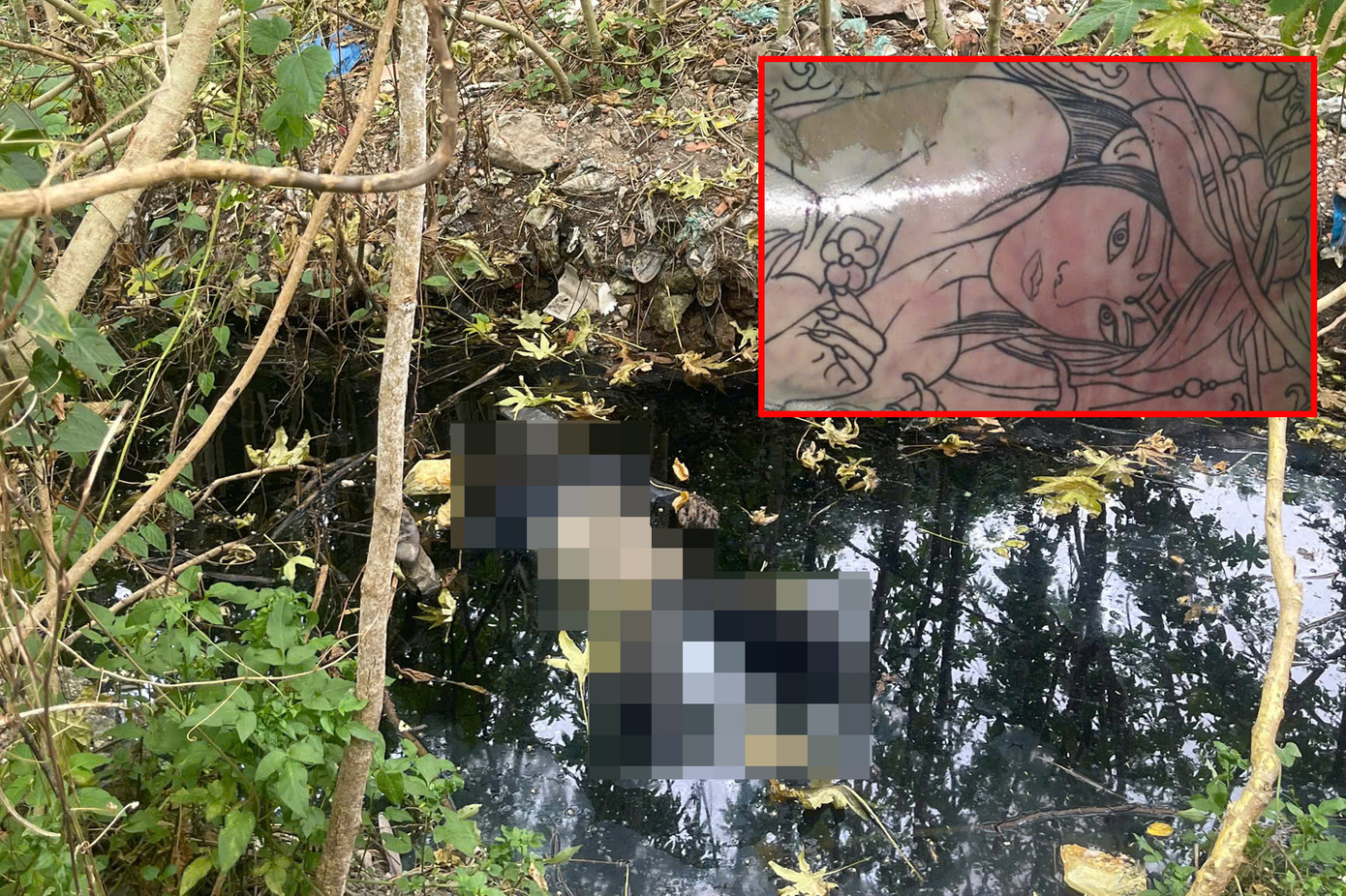 Khu vực nam thanh niên tử vong và hình xăm cô gái trên lưng nạn nhân. Ảnh: C.A.