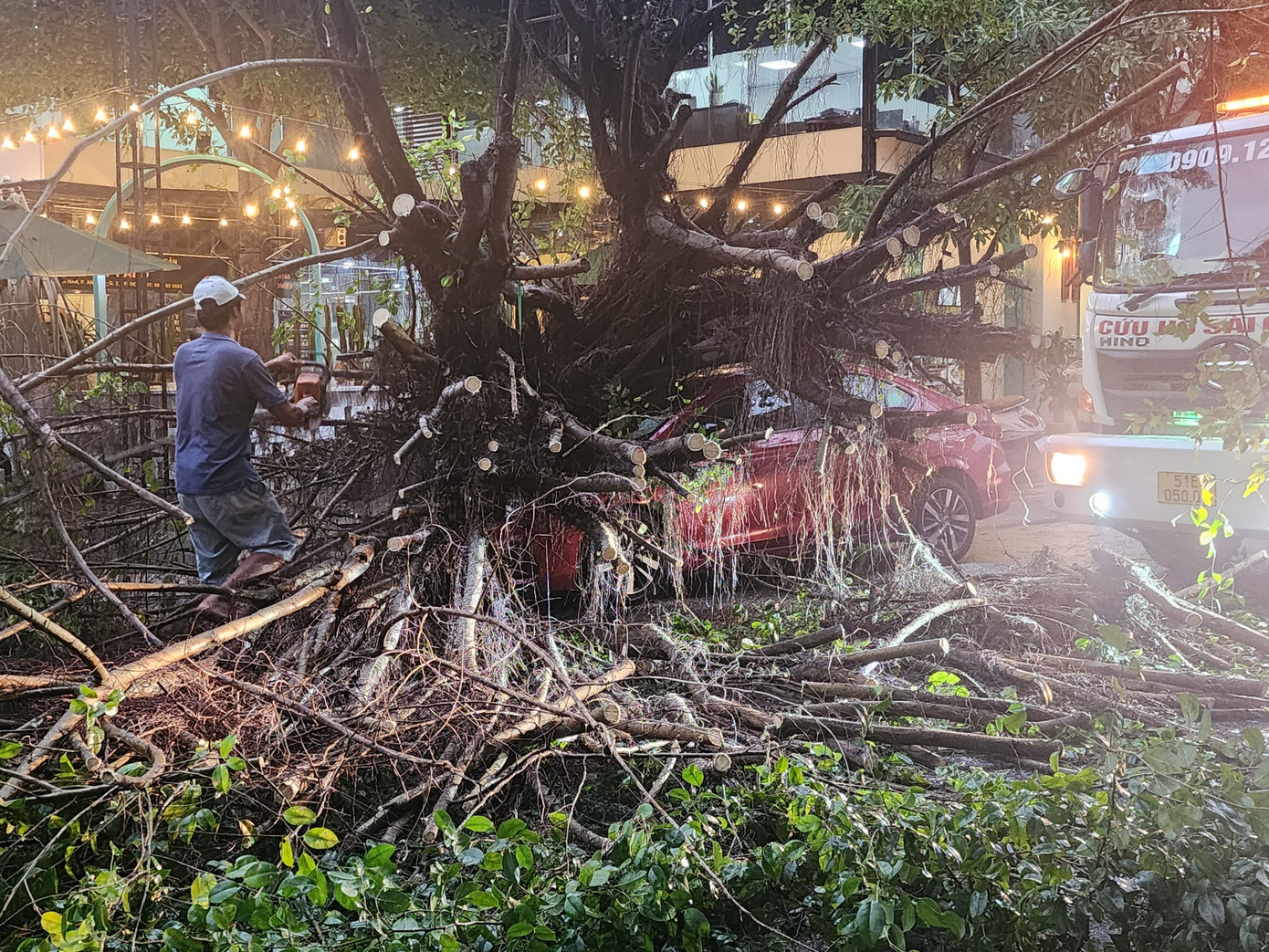 Lực lượng chức năng đang tiến hành cắt tỉa, thu dọn hiện trường.