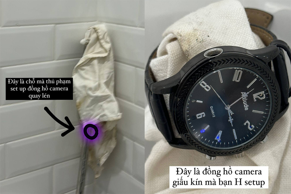 Đồng hồ quay lén được phát hiện trong nhà vệ sinh. Ảnh Facebook Chau Bui. Đồng hồ quay lén được phát hiện trong nhà vệ sinh. Ảnh Facebook Chau Bui.